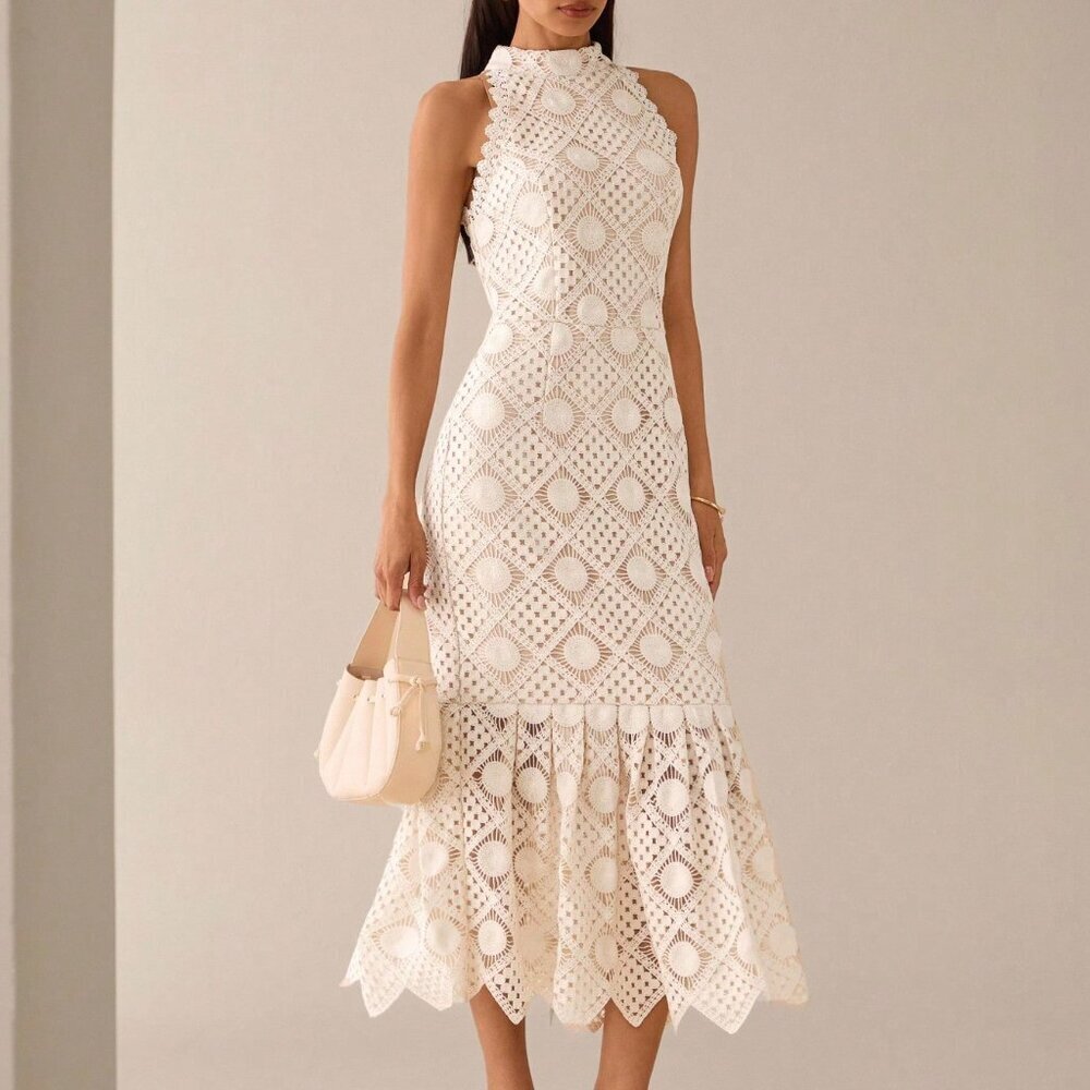 Apricot Elegant Women's Sleeveless Crochet Lace Midi Dress - Picture 4 of 8